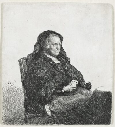 Rembrandt Etching The Artist’s Mother seated at a table, looking right: Three quarter length