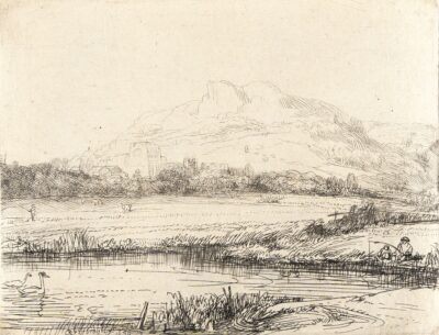 Rembrandt Van Rijn etching & drypoint Canal with an Angler and Two Swans