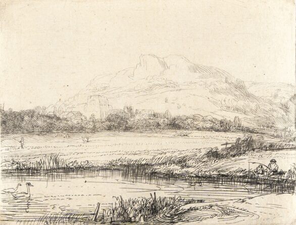Rembrandt Van Rijn etching & drypoint Canal with an Angler and Two Swans