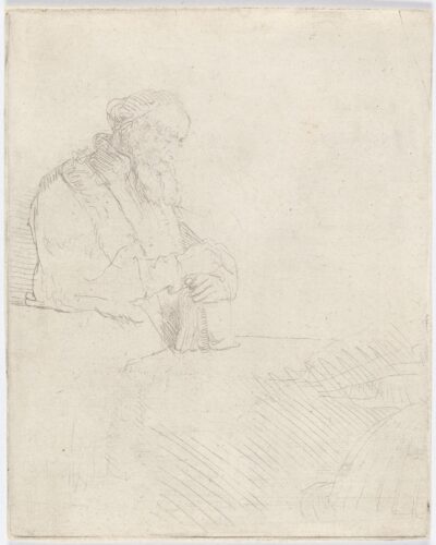 Rembrandt etching Old Man in Meditation, Leaning on a Book