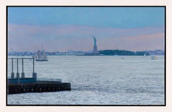 Fidel Molina oil painting Liberty Island al atardecer Framed