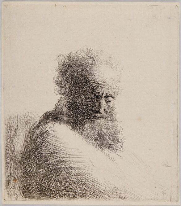 Rembrandt Van Rijn etching Bust of an Old Bearded Man, Looking Down, Three Quarters Right