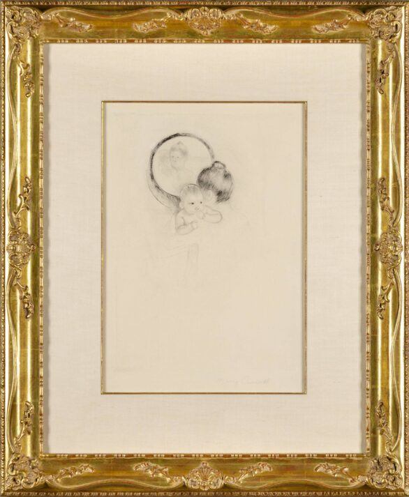Mary Cassatt drypoint Baby Held Before an Oval Mirror Framed