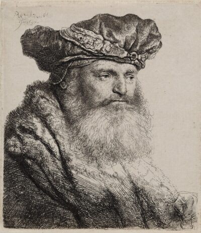 Rembrandt etching Bearded Man, Wearing a Velvet Cap, with a Jewel Clasp
