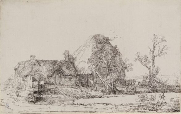 Rembrandt Van Rijn etching Cottages and Farm Buildings with a Man Sketching