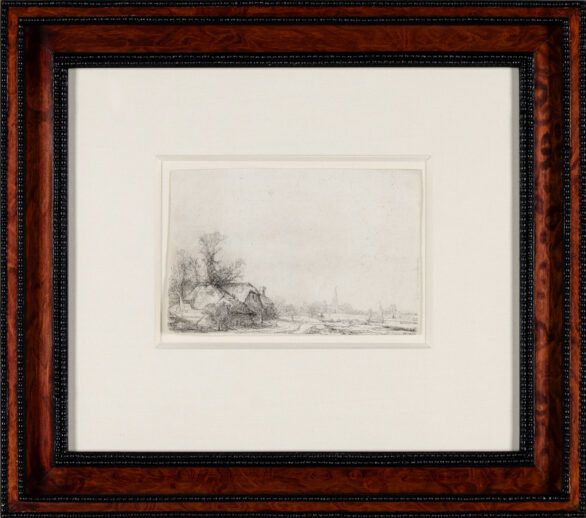 Rembrandt Van Rijn etching & drypoint "Cottage Beside a Canal with a View of Ouderkerk", Framed