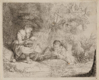 Rembrandt Van Rijn etching & drypoint The Flute Player (Het Uilespiegeltje)
