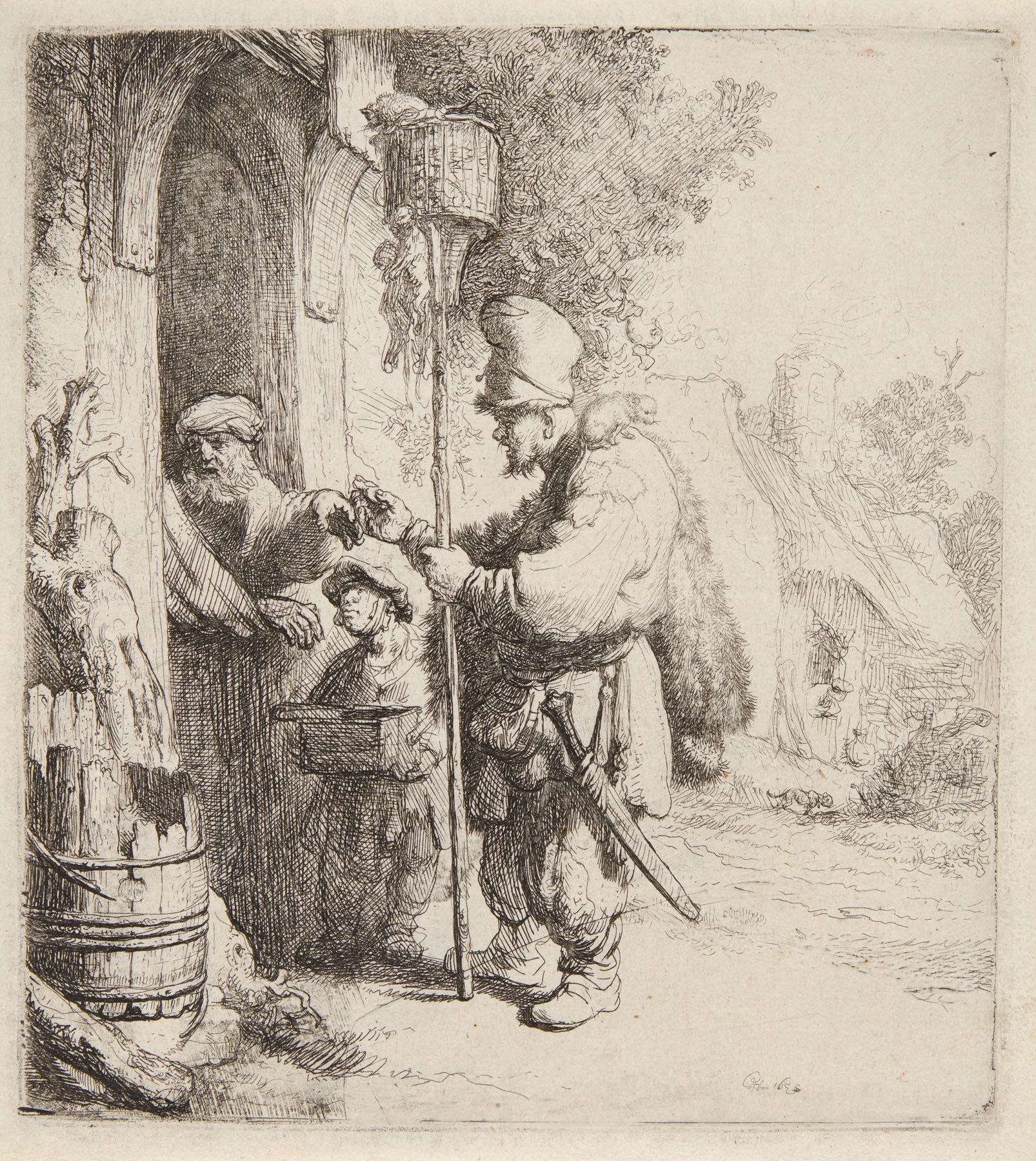 Rembrandt etching: The Rat Catcher (The rat-poison peddler