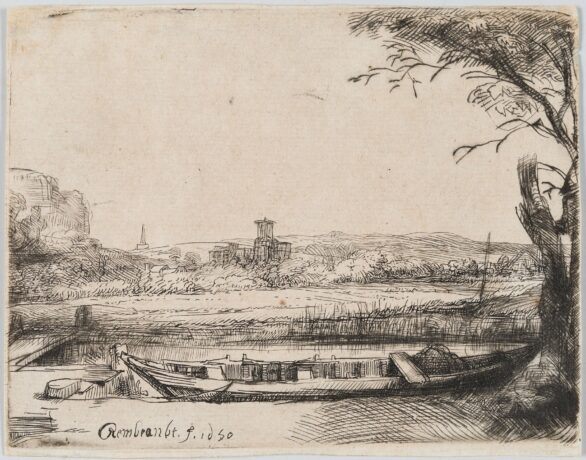 Rembrandt Van Rijn etching & drypoint Canal with a Large Boat and Bridge (‘Het Schuytje Op De Voorgrond’)