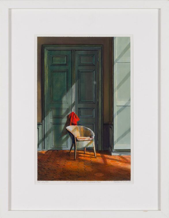 Kathleen Marshall Acrylic Painting "White Wicker Chair-red drape on Chair-6 rue de la Croix"