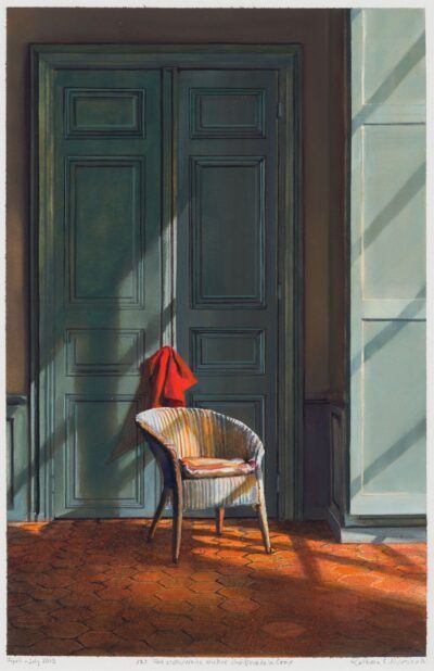Kathleen Marshall painting White Wicker Chair-red drape on Chair-6 rue de la Croix
