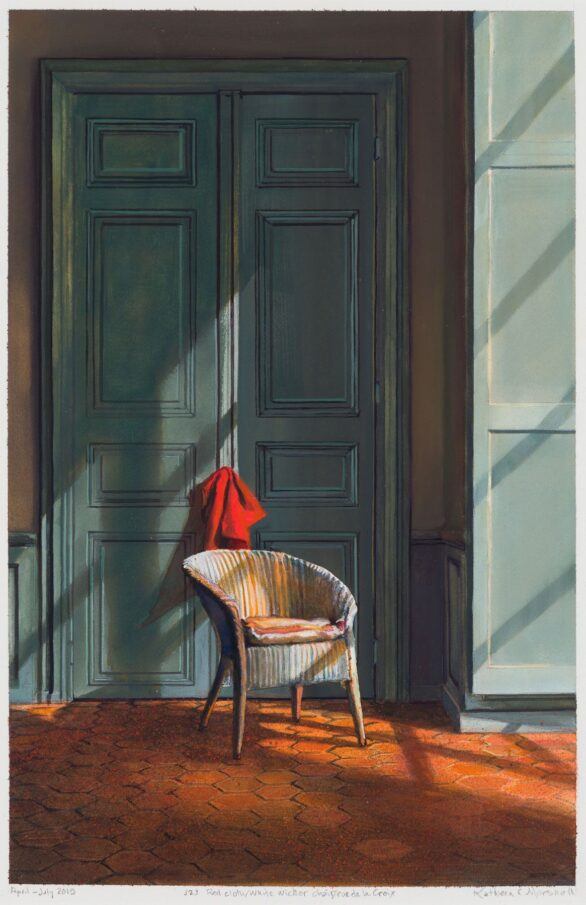 Kathleen Marshall painting White Wicker Chair-red drape on Chair-6 rue de la Croix