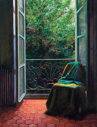 Kathleen Marshall painting Green Chair, with green drape on back