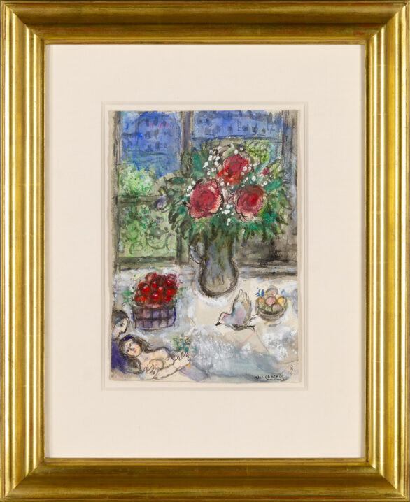 Original Marc Chagall Painting: Idylle aux fleurs et fruits devant la fenêtre à Paris, Framed