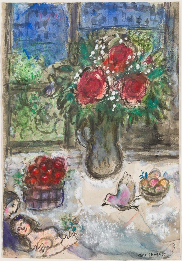 Original Marc Chagall Painting: Idylle aux fleurs et fruits devant la fenêtre à Paris