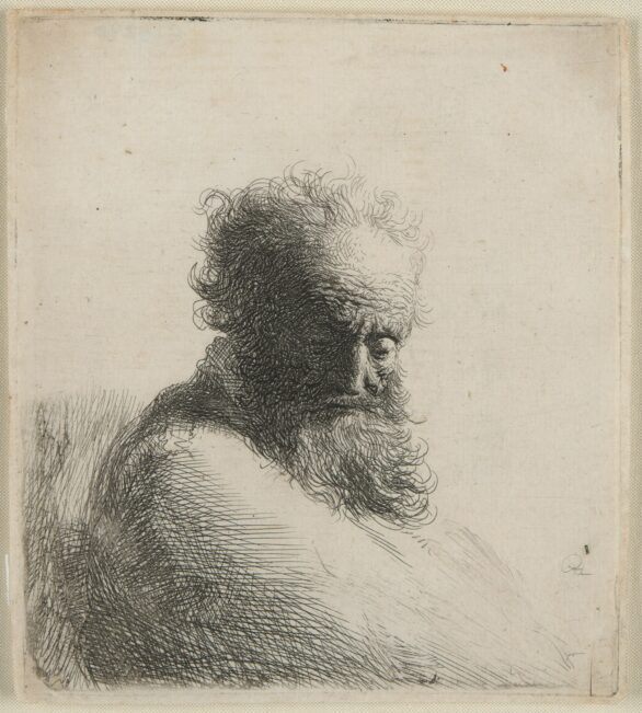 Rembrandt etching, Bust of an Old Bearded Man, Looking Down, Three Quarters Right