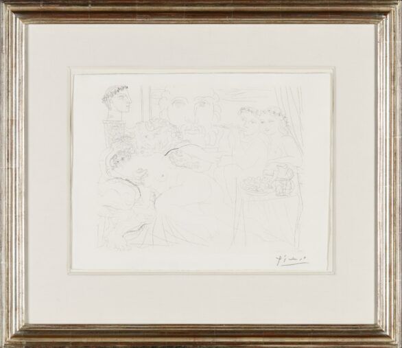 Pablo Picasso etching "Autoportrait sous Trois Formes: Peintre Couronné, Sculpteur en Buste et Minotaure Amoureux", Framed
