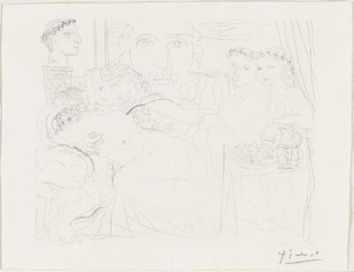 Pablo Picasso etching "Autoportrait sous Trois Formes: Peintre Couronné, Sculpteur en Buste et Minotaure Amoureux"