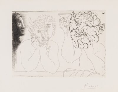 Pablo Picasso etching Profil de Marie-Thérèse en abîme, jeune homme au masque de minotaure et vieux barbu aux oreilles d’âne