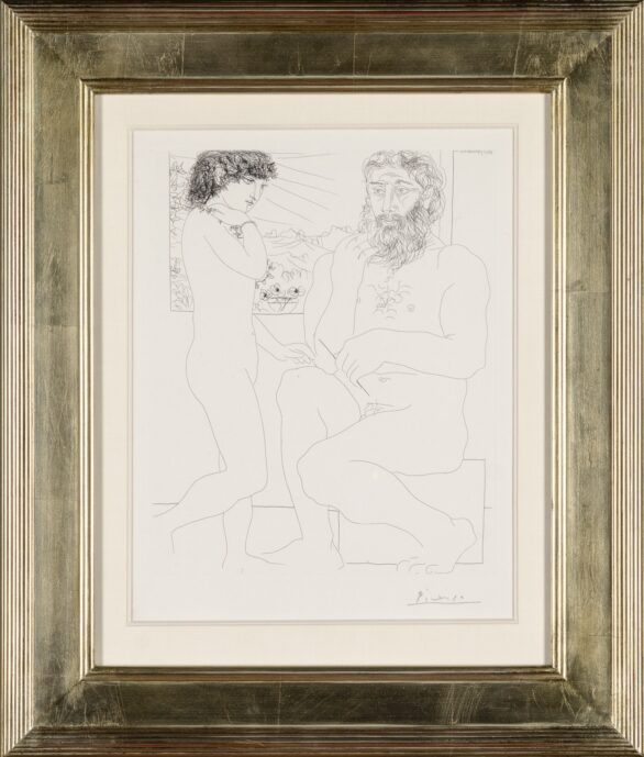 Pablo Picasso etching "Sculpteur songeant, modèle aux cheveux noirs et bol avec trois anemones" Framed