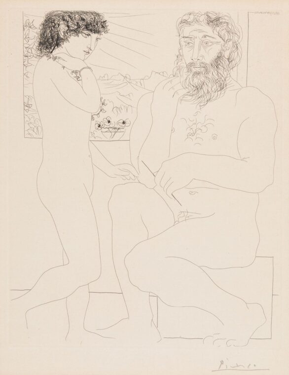 Pablo Picasso etching Sculpteur songeant, modèle aux cheveux noirs et bol avec trois anemones