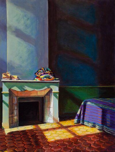 Kathleen Frank Painting Chimney, pile of drapes, bed, Rue de la Croix