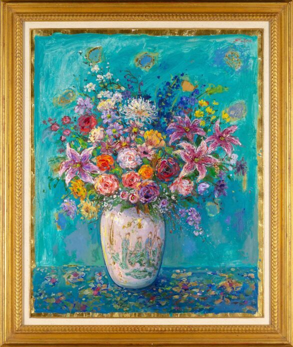 Bruno Zupan oil painting Bouquet in Chinese Ladies Vase on Turquoise Ground Framed