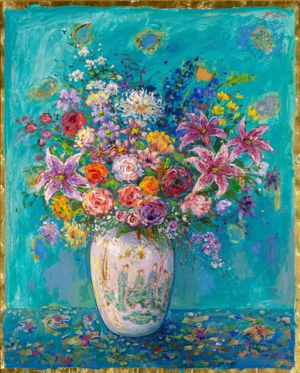Bruno Zupan oil painting Bouquet in Chinese Ladies Vase on Turquoise Ground