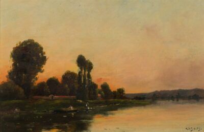 Henry Jacques Delpy oil painting "Paysage de Fleuve d’été au Coucher du Soleil"