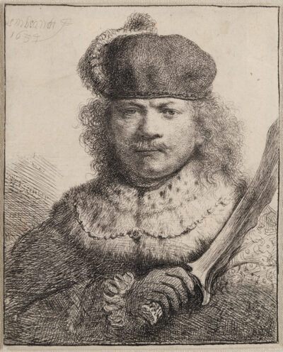 Rembrandt Van Rijn etching "Self-Portrait with Raised Sabre"