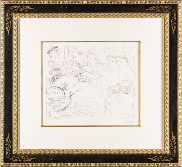 Pablo Picasso etching "Autoportrait sous Trois Formes: Peintre Couronné, Sculpteur en Buste et Minotaure Amoureux" Framed