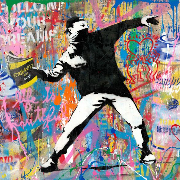 Mr. Brainwash Stencil & Mixed Media on Paper "Banksy Thrower"