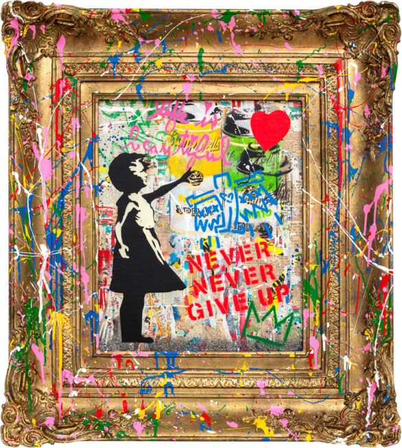 Mr. Brainwash mixed media "Balloon Girl" with splashed frame