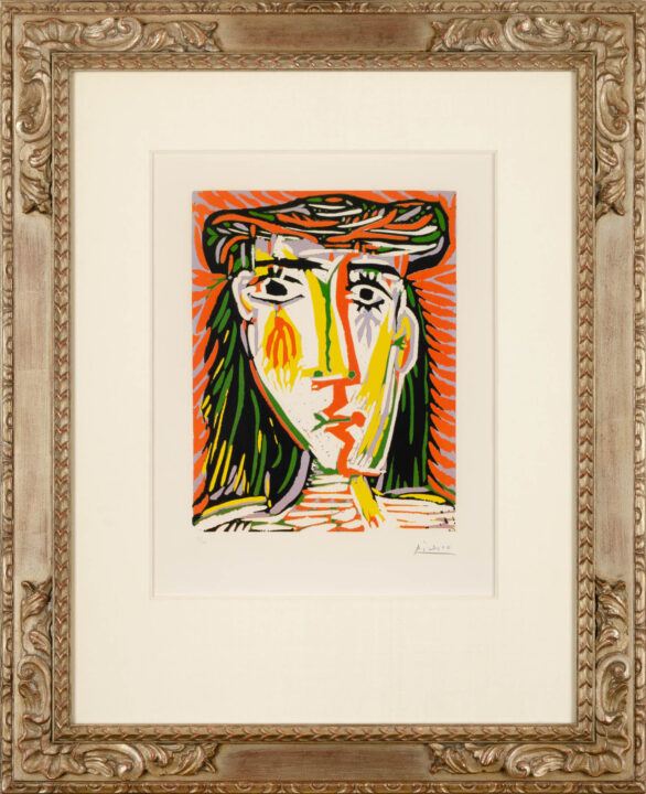 Pablo Picasso linocut "Jacqueline au chapeau de paille" framed