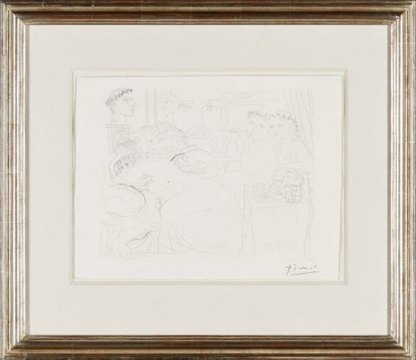 Pablo Picasso etching "Autoportrait sous Trois Formes: Peintre Couronné, Sculpteur en Buste et Minotaure Amoureux" Framed