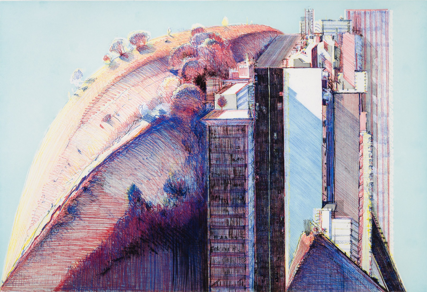 Wayne Thiebaud mixed media "Country City"