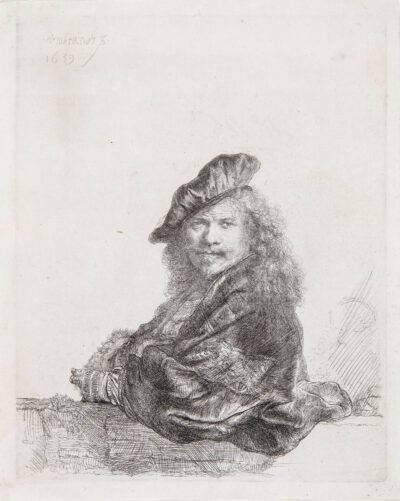 Rembrandt Van Rijn etching & drypoint "Self-Portrait Leaning on a Stone Sill"