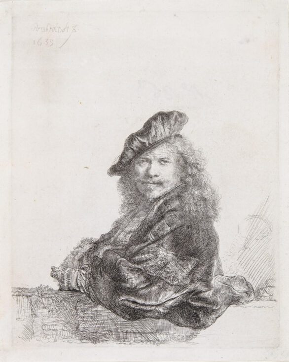 Rembrandt Van Rijn etching & drypoint "Self-Portrait Leaning on a Stone Sill"