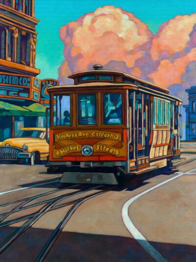 Miles Hyman oil painting"Cable Car"