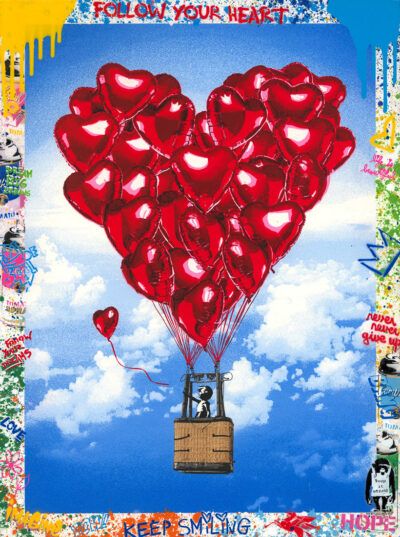 Mr. Brainwash silkscreen and mixed media "Love Above All"