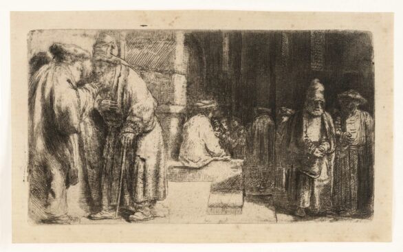 Rembrandt Etching: JEWS IN THE SYNAGOGUE (or “Pharisees in the Temple”)
