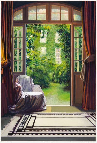 Kathleen Marshall painting: White Chair, Black and White Carpet, Both Doors Open, Cherche Midi